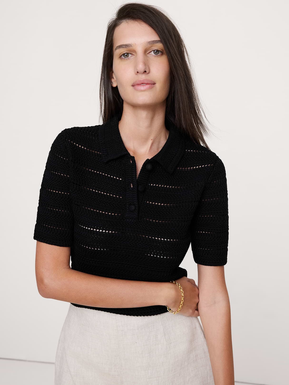 Banana Republic — Crochet Stripe Cotton Sweater Polo
